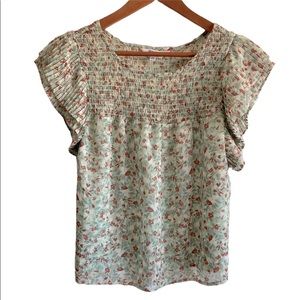BB Dakota Steve Madden Smocked Pleated Sleeve Blouse Green Floral Medium Women’s